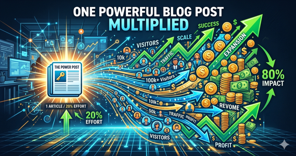 8020 rule blogging strategy showing one post generating massive traffic and passive income