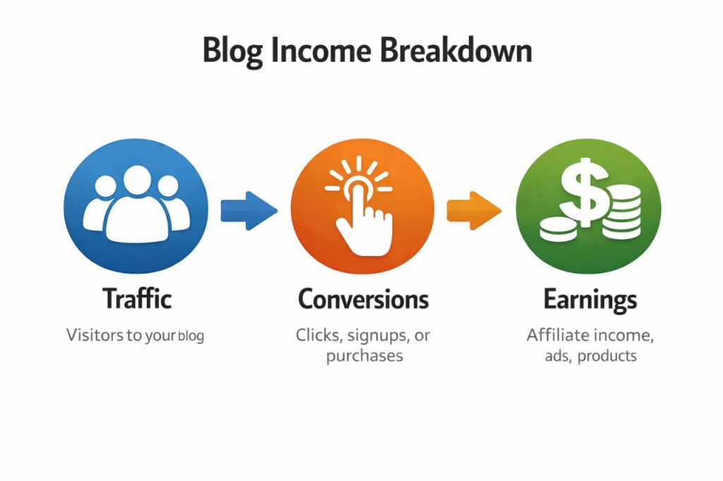 Example of blogging income calculation showing traffic, conversions, and monthly earnings potential