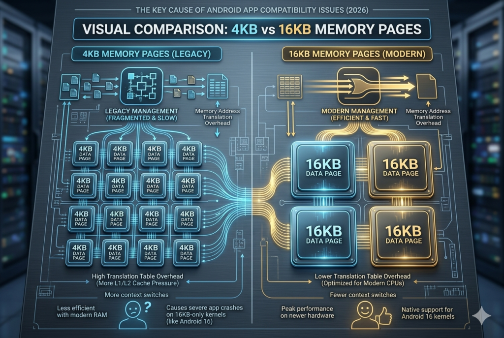 Android app compatibility issues caused by 16KB memory page shift in Android 16
