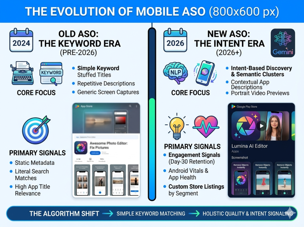 Comparison of old keyword-based ASO versus intent-driven ASO 2026