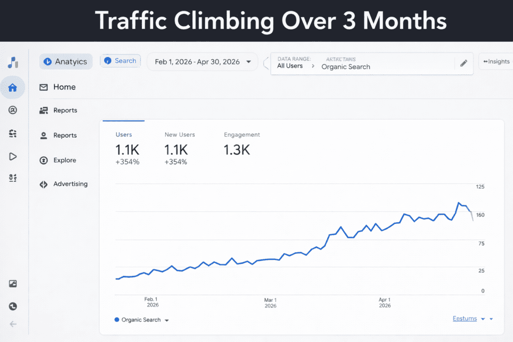 Google Analytics screenshot showing traffic slowly climbing over 3 months.