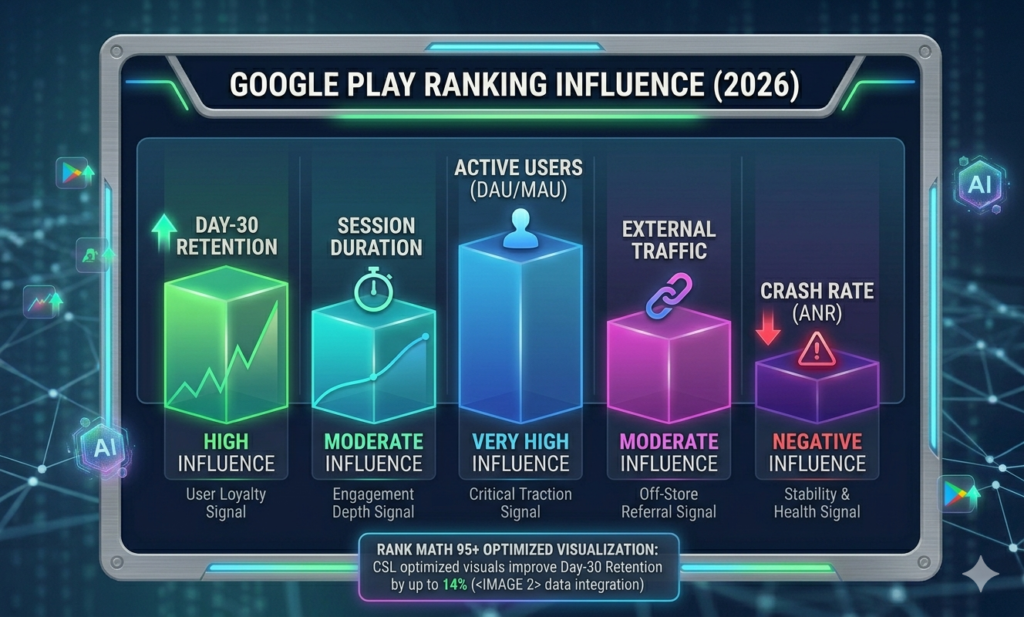Google Play Store 2026 ranking factors retention, sessions, performance, external traffic