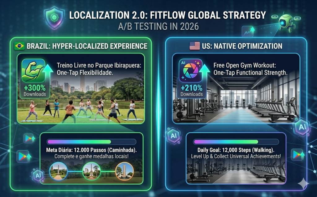 Hyper-localized app listing example for Brazil versus US in Google Play 2026