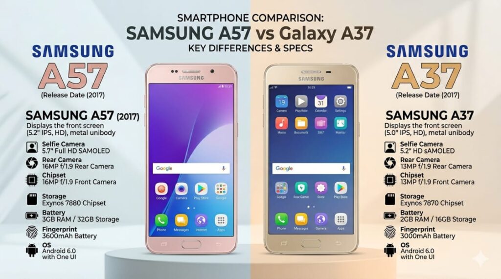 Samsung Galaxy A57 vs A37 full comparison 2026 design and performance
