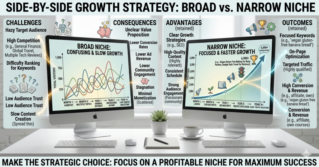 Comparison between broad and narrow blogging niches showing faster growth with focused niche selection