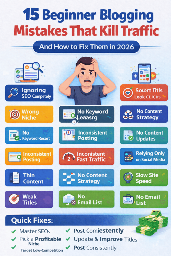 beginner blogging mistakes that kill traffic infographic overview 2026