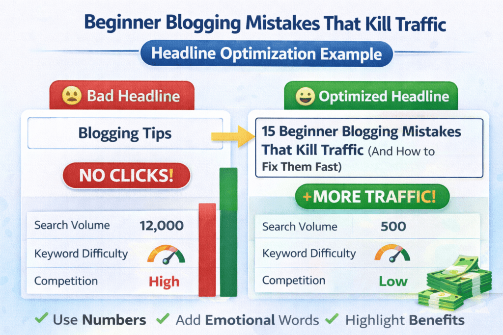 beginner blogging mistakes that kill traffic headline optimization example