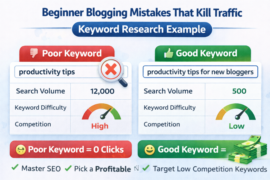 beginner blogging mistakes that kill traffic keyword research example chart