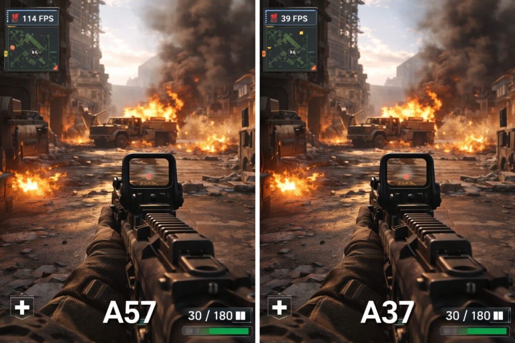 Samsung Galaxy A57 vs A37 performance gaming benchmark comparison