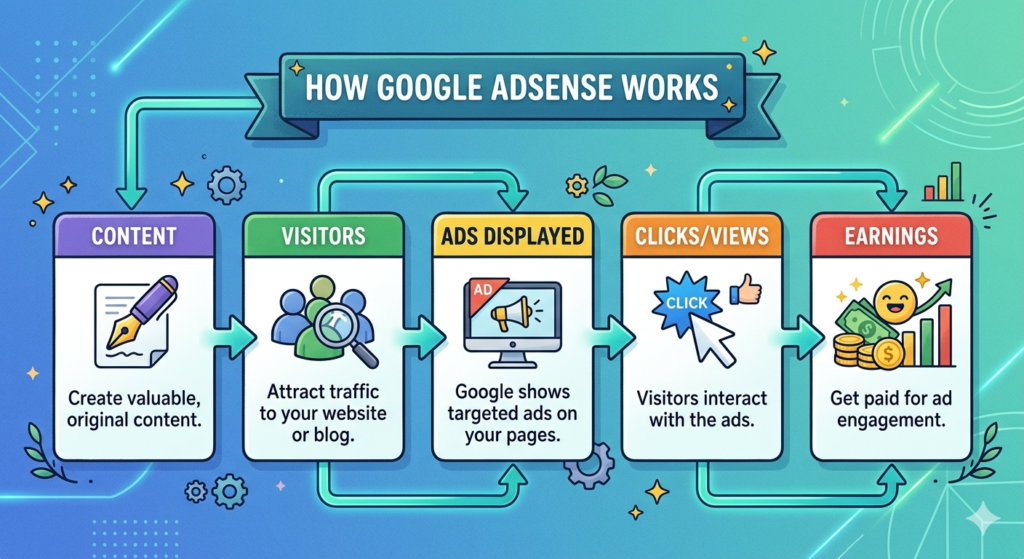 Diagram explaining how Google AdSense generates revenue from blog traffic and ad clicks