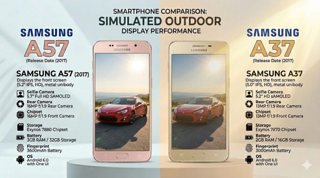 Samsung Galaxy A57 vs A37 display comparison brightness test outdoor