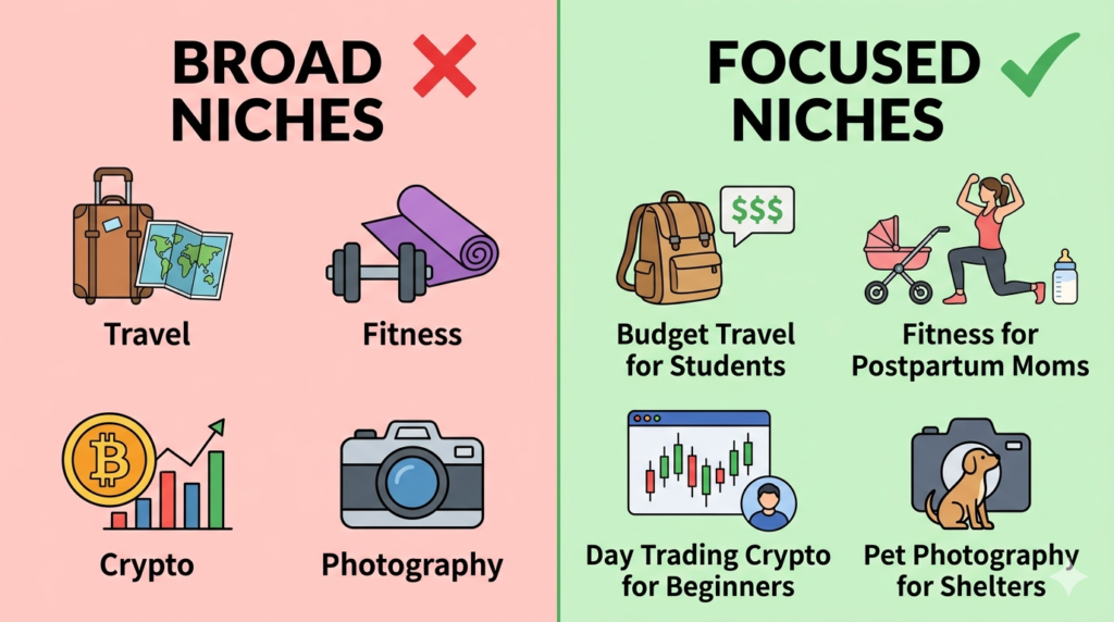 Comparison of broad vs focused blogging niches, showing why specificity accelerates growth.