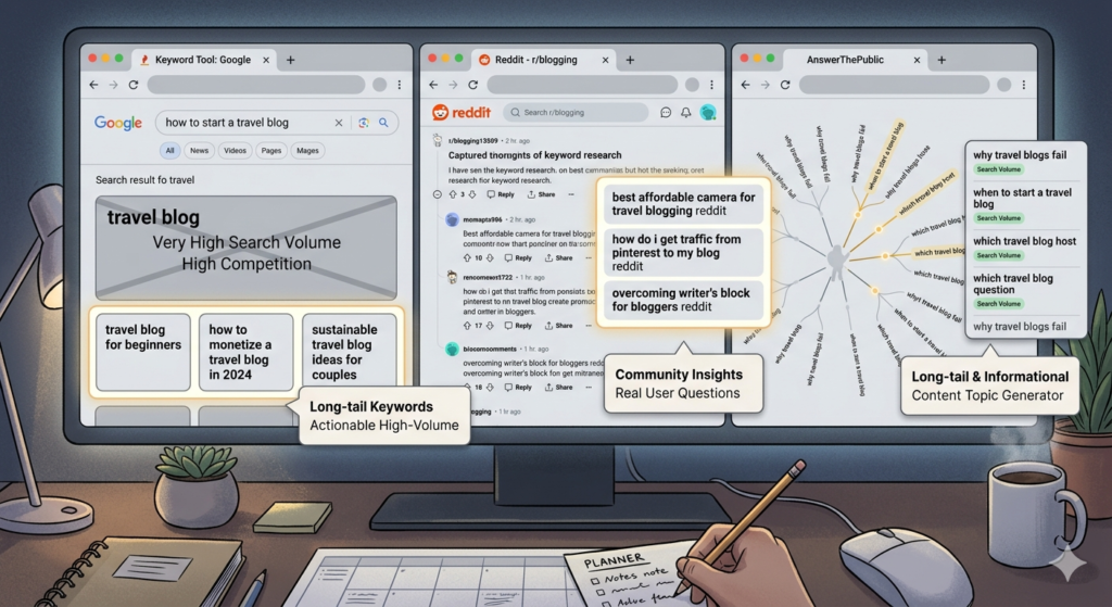 Blogger researching low-competition long-tail keywords to attract first 100 visitors.