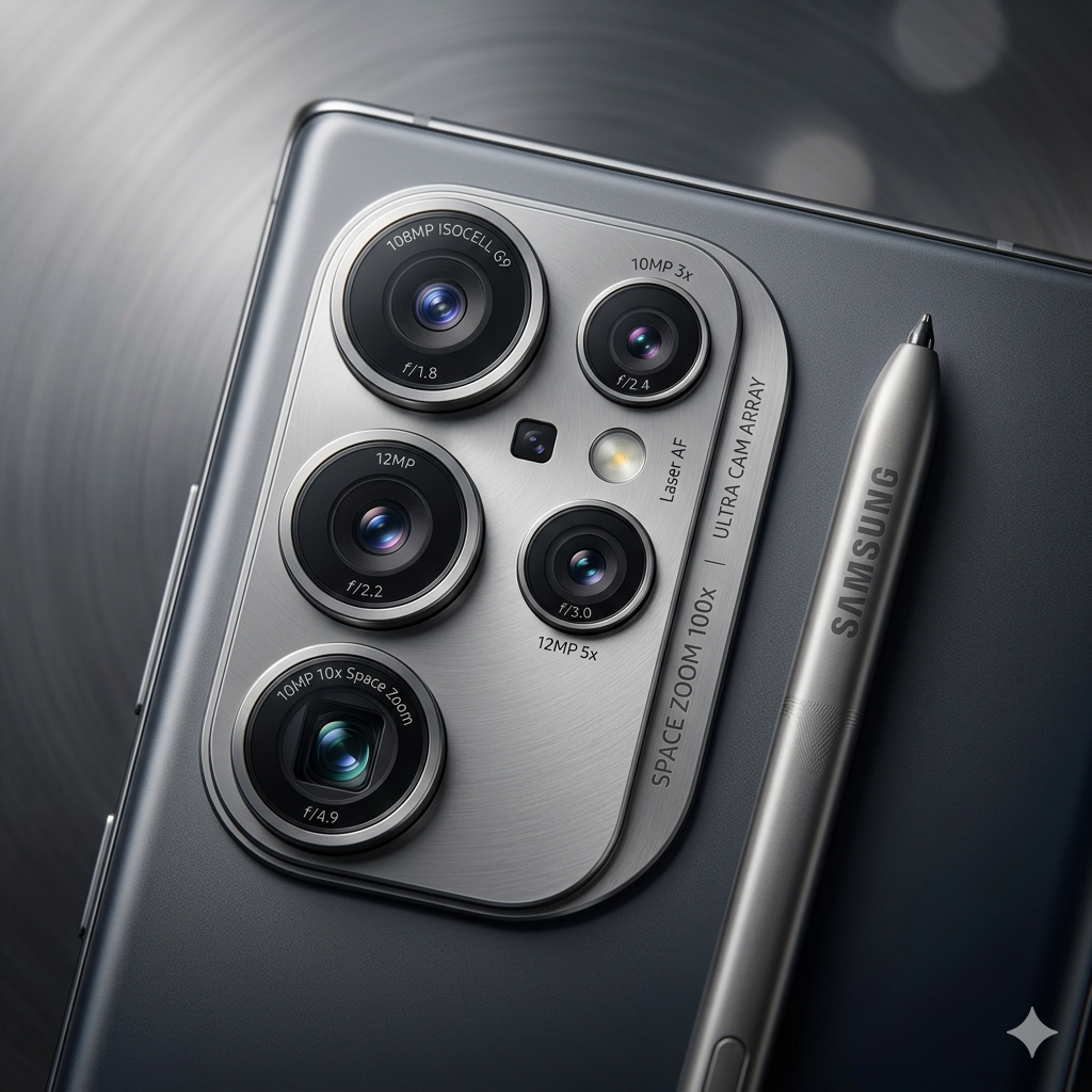 Close-up of Samsung Galaxy S26 Ultra camera array, ideal for content creation in 2026.