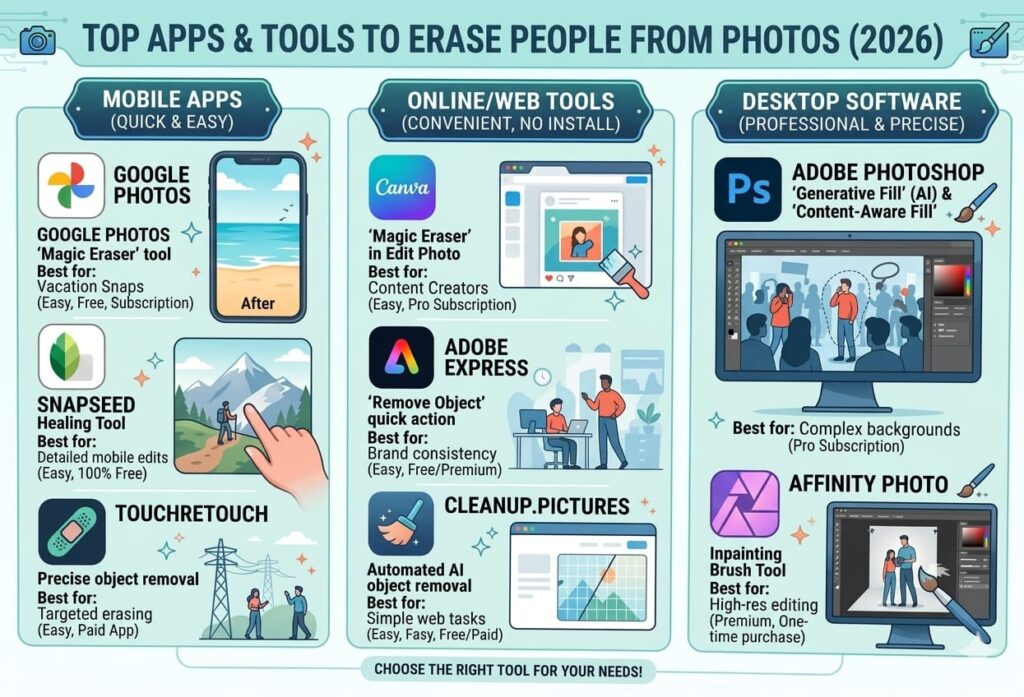Comparison table showing top apps to erase someone from the background of a photo in 2026
