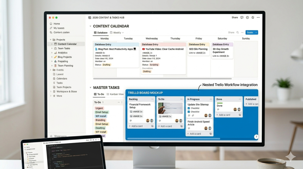Digital workspace showing Notion and Trello dashboards for productivity and task management