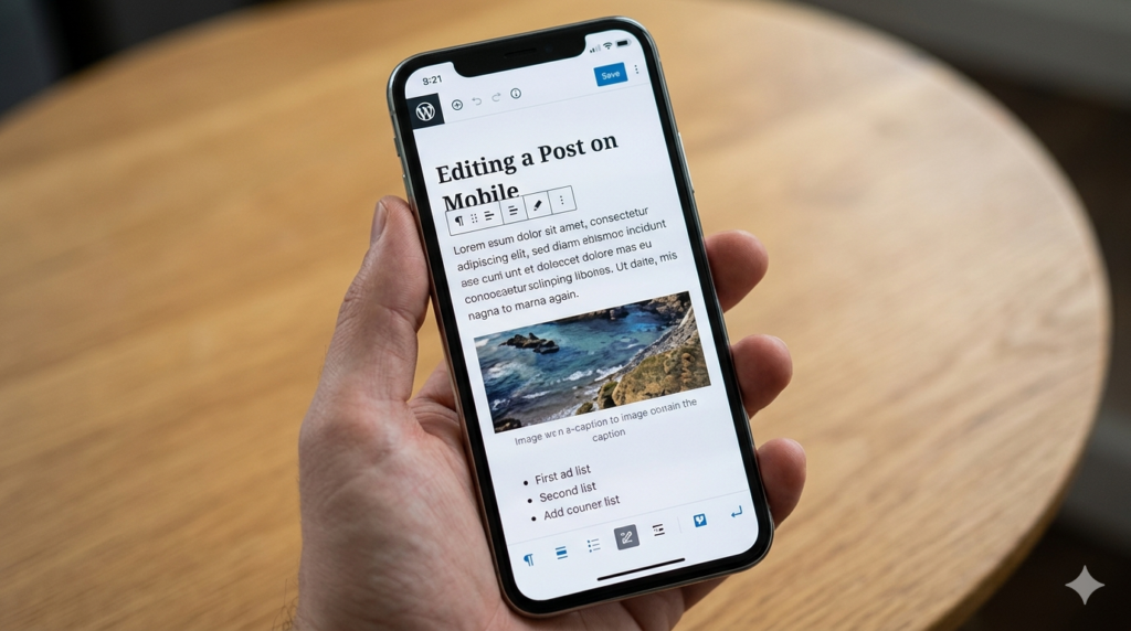 Editing WordPress blog post on smartphone with optimized images