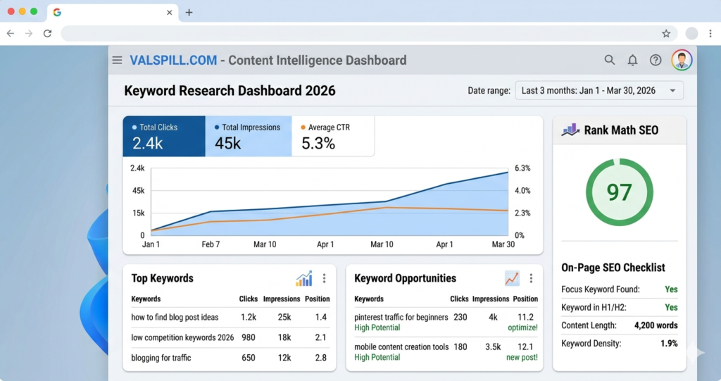 Google Search Console dashboard showing hidden keywords to find blog post ideas