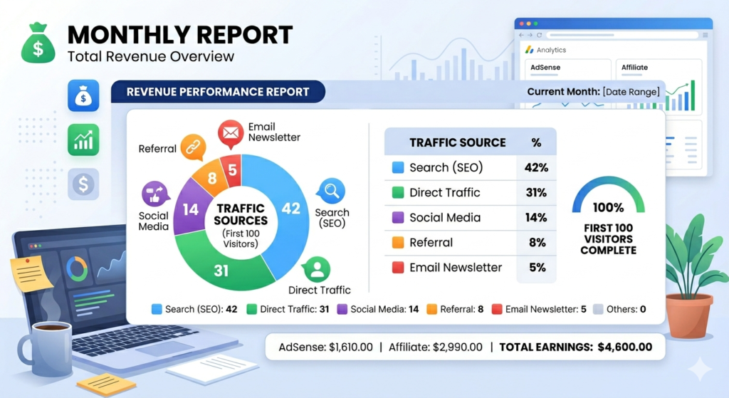 Image Idea Colorful bar chart or pie chart illustrating traffic sources for the first 100 visitors. Each source gets a distinct color with the number of visitors clearly labeled.