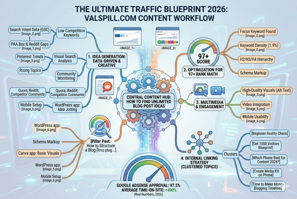 Mind map showing how to find blog post ideas and structure them for traffic growth