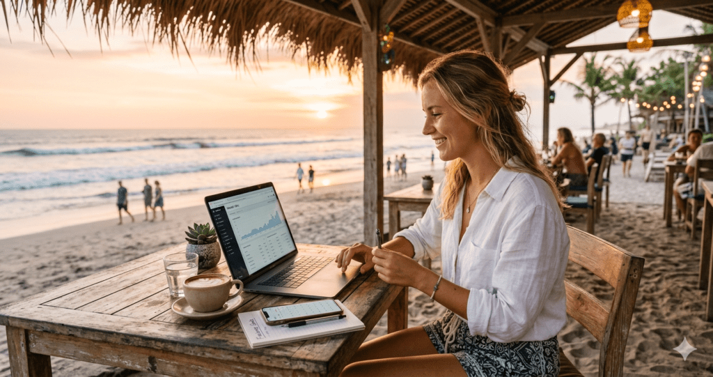 SA remote jobs without a VPN freelancer working from a beach cafe