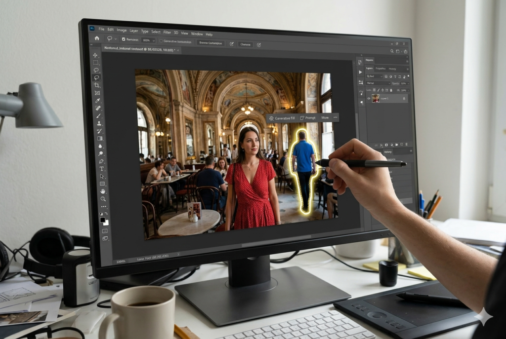 Screenshot of Adobe Photoshop workspace using Generative Fill or Content-Aware Fill. Highlight the selected area around a person being removed.
Size 1200 × 800 px