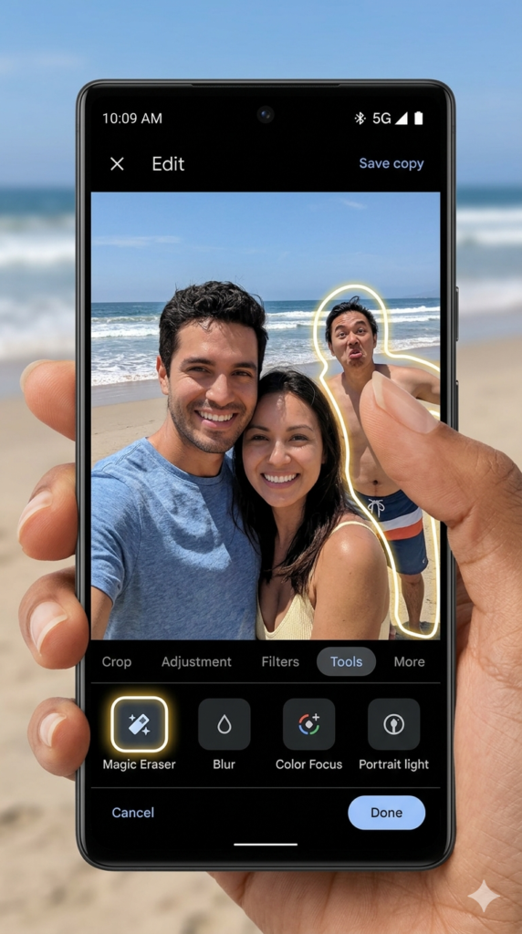 Using Google Photos Magic Eraser to remove a photobomber from a vacation photo on a smartphone