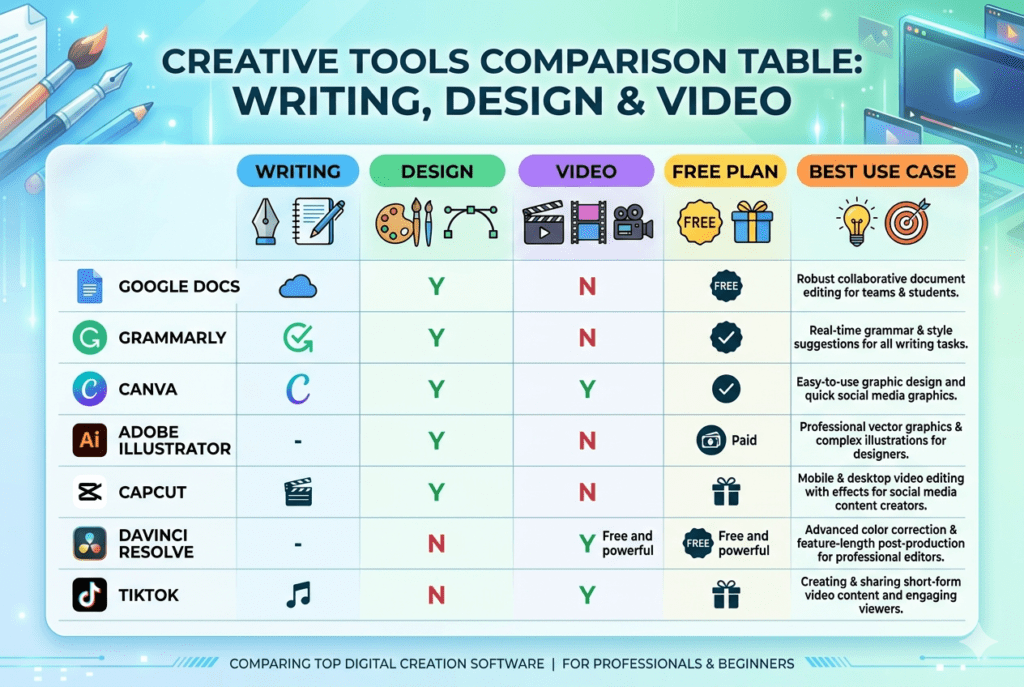 best AI tools for content creation comparison chart 2026