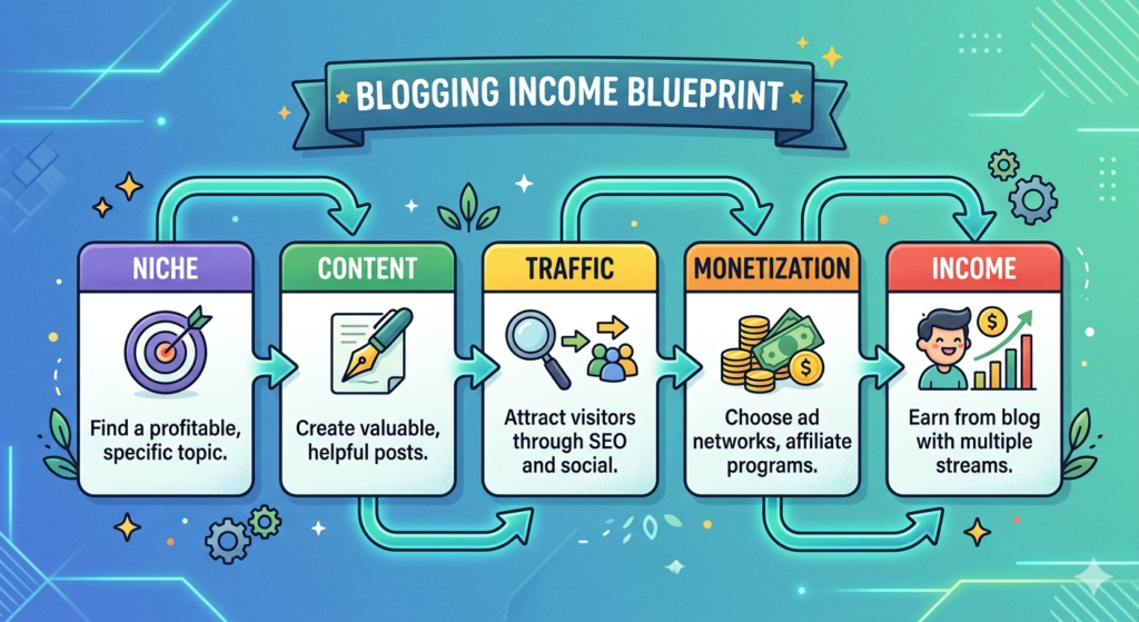 Diagram showing the step by step process of earning money from blogging through niche, content, traffic, and monetization