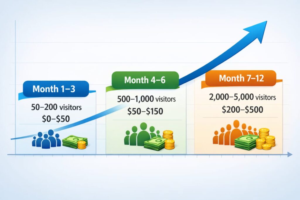 Blogging growth timeline chart showing traffic and income increase over 12 months.