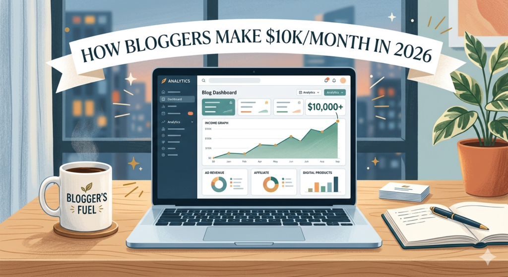 Laptop displaying blog income growth chart showing how bloggers earn money online in 2026.  How to Earn from Blogging in 2026