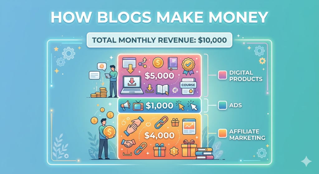 Chart showing different blog income streams including affiliate marketing ads and digital products