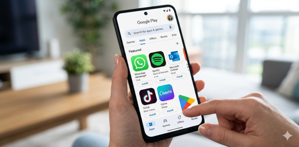 Use Play Store Like a Pro – Android device home screen showing Google Play Store categories