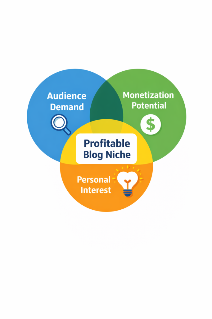 Profitable blogging niche Venn diagram showing audience demand, monetization potential, and personal interest.