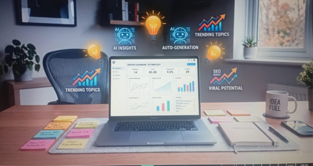Content creator using AI and brainstorming tools to generate blog post ideas in 2026