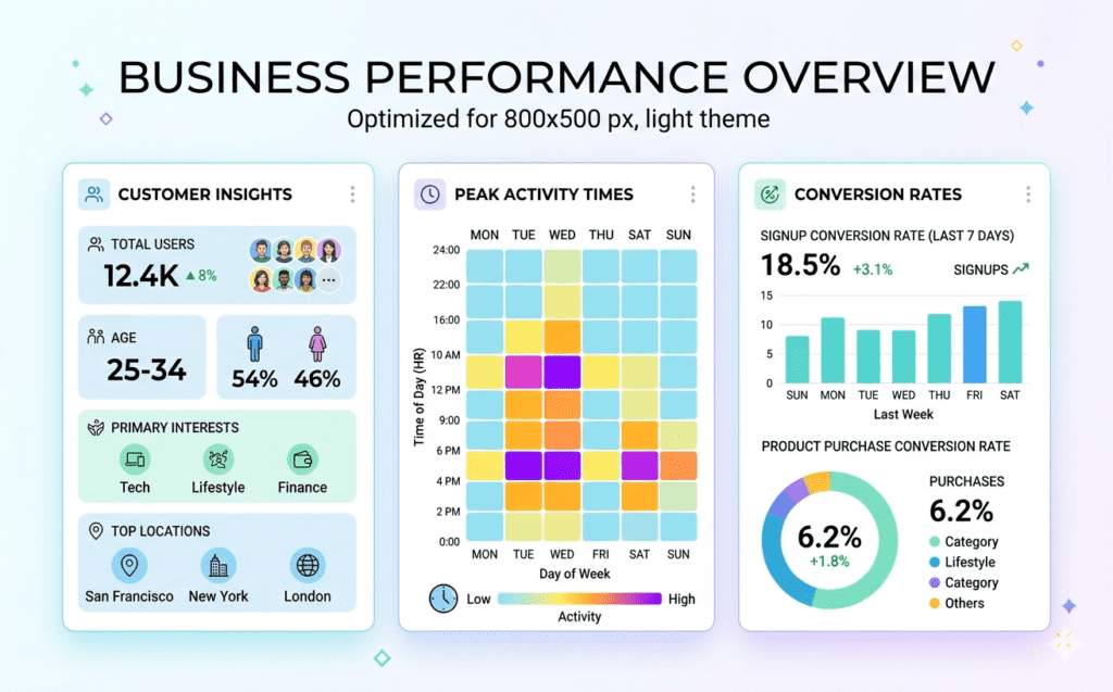 AI customer analytics dashboard showing user behavior and marketing insights