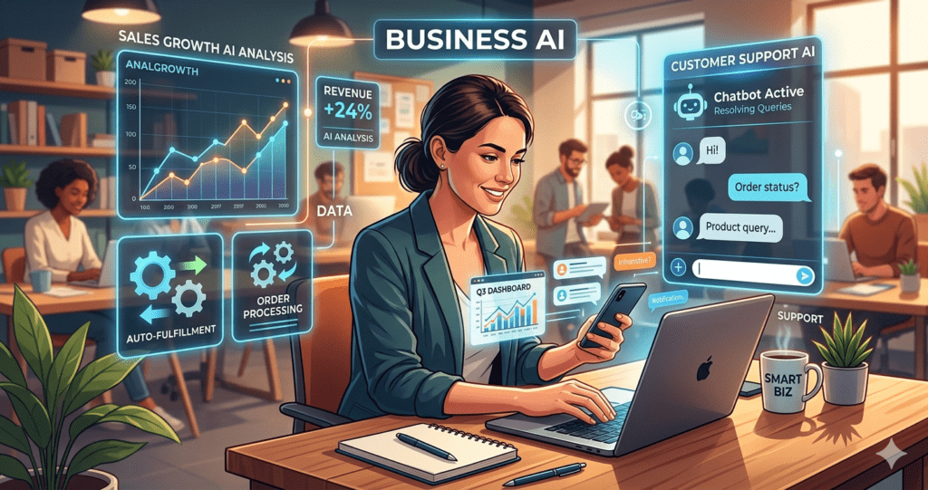 AI marketing for small businesses dashboard showing automation, analytics, and customer growth