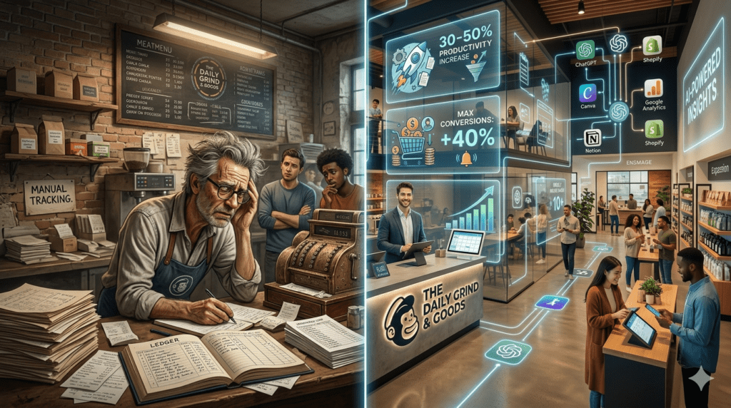 Before and after using AI tools in a local business showing increased efficiency and growth
