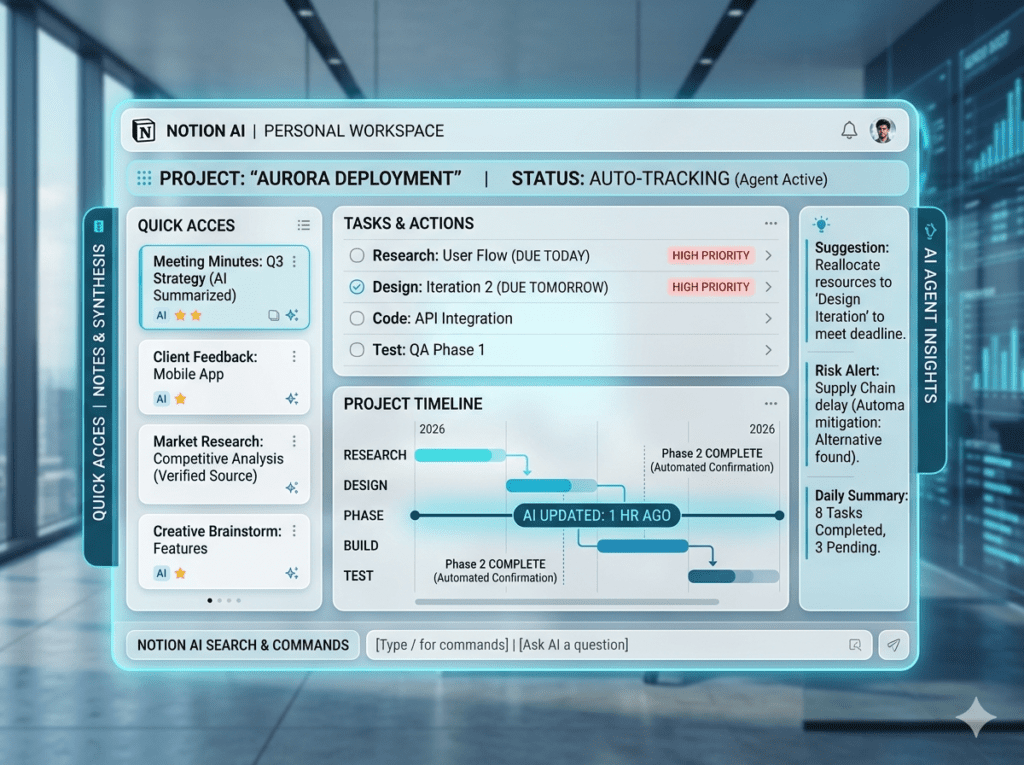 Notion AI productivity dashboard with automated tasks and notes