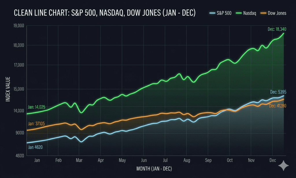S&P 500 Nasdaq and Dow Jones performance in 2026 showing market growth trends