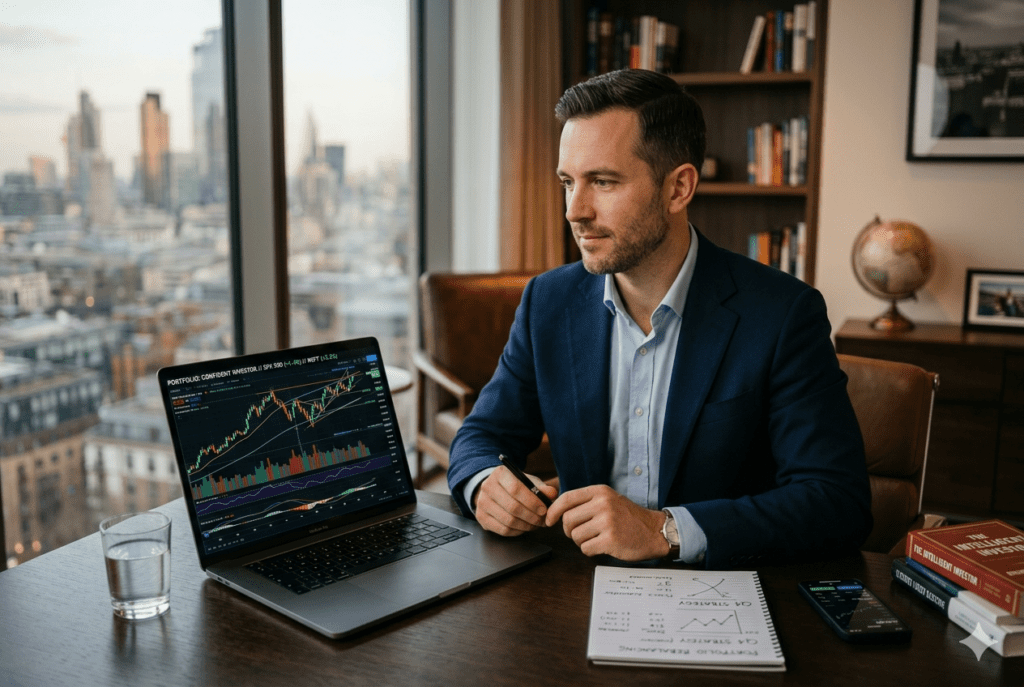 Smart investor analyzing stock market data and making long term investment decisions