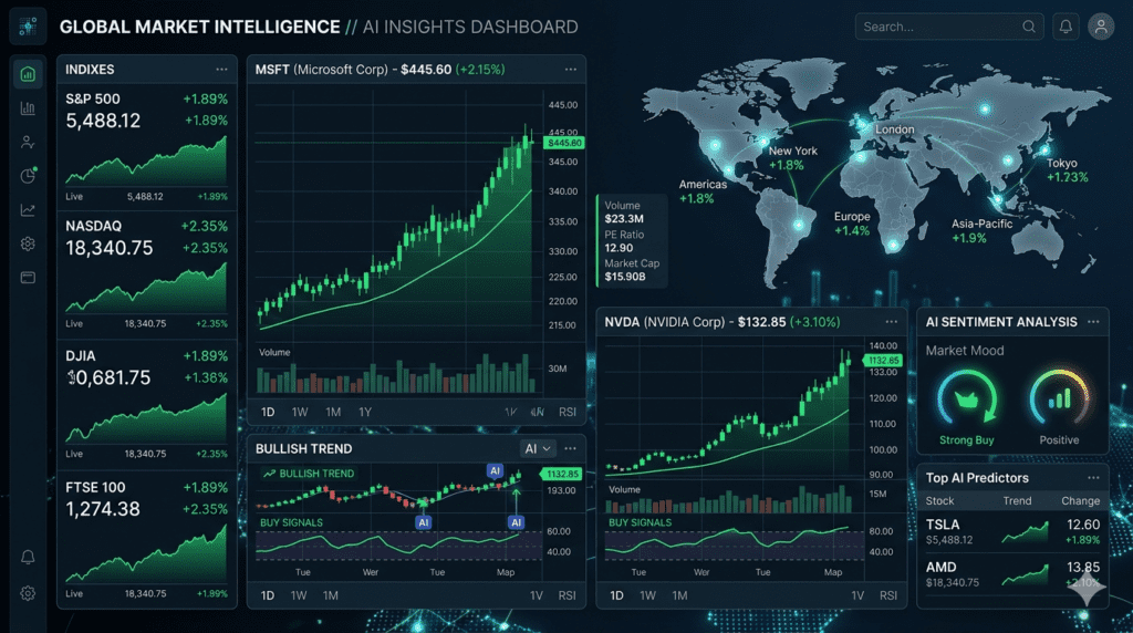 Stock market news today 2026 showing rising charts, AI growth, and global market trends