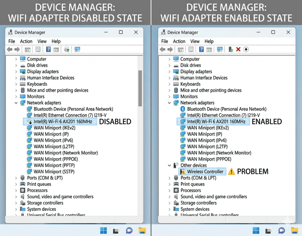 WiFi adapter missing or disabled in Device Manager Windows 11