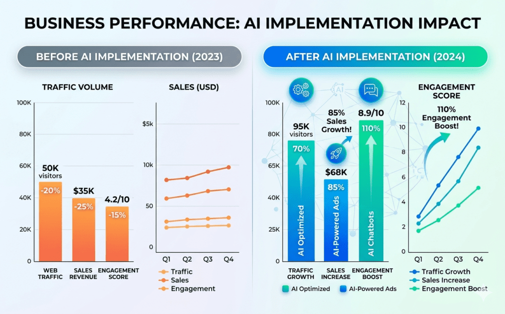 business growth chart showing increased sales and traffic after using AI marketing