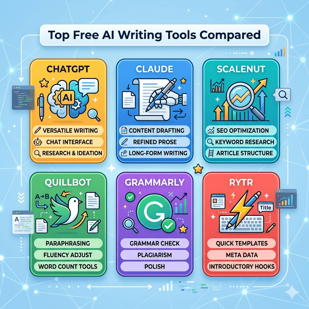 comparison of best free ai writing tools features and uses