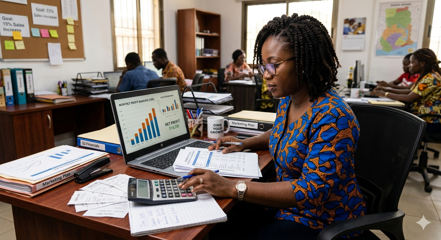 African business owner calculating profit margins and operational expenses in 2026