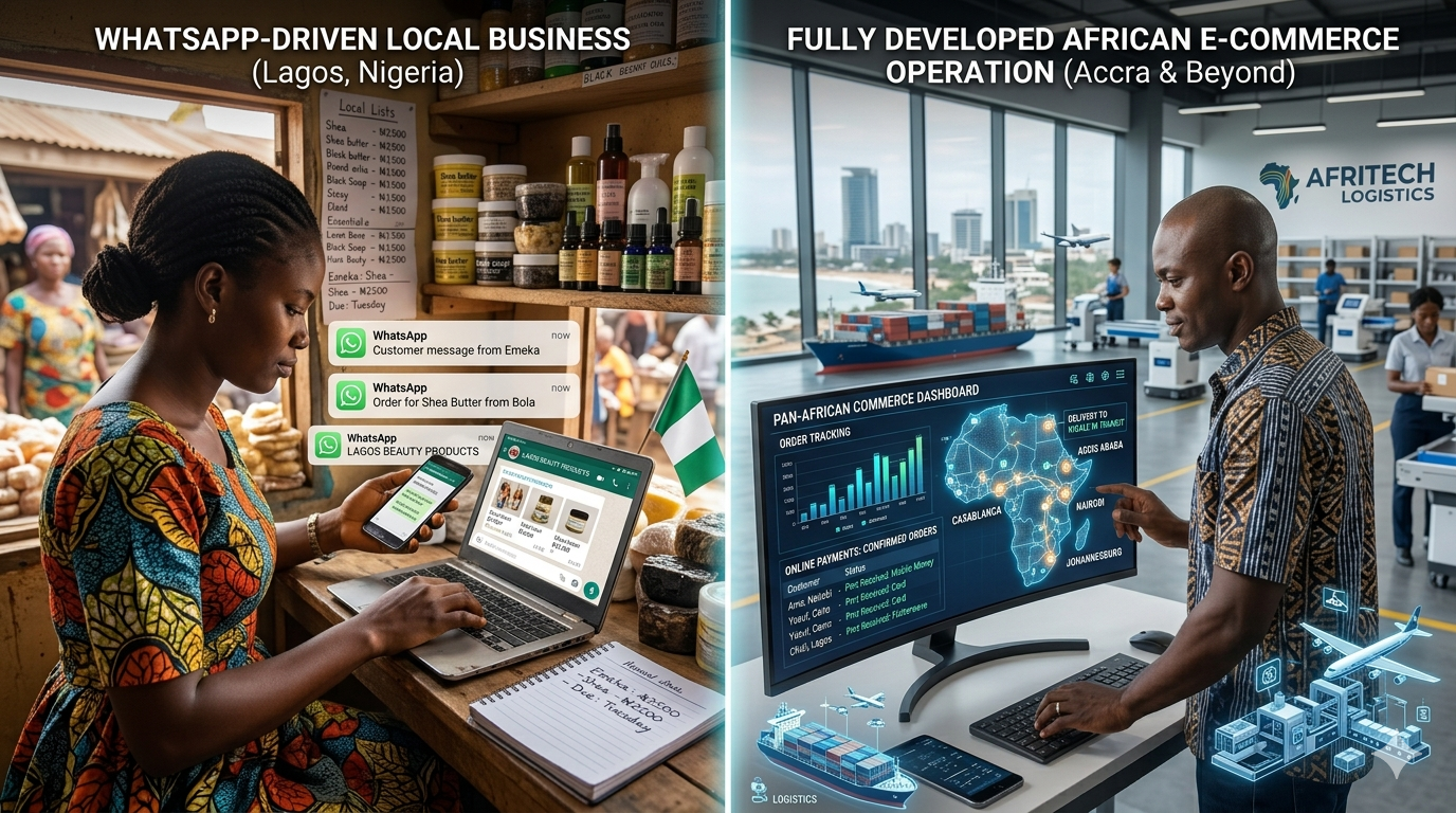 African e-commerce business scaling from WhatsApp sales into regional online commerce under AfCFTA