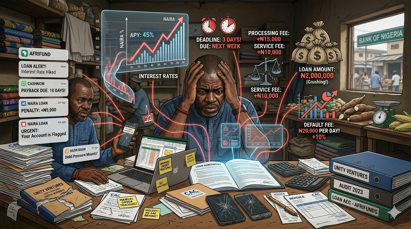 African entrepreneur analyzing hidden costs and repayment risks of fintech SME loans