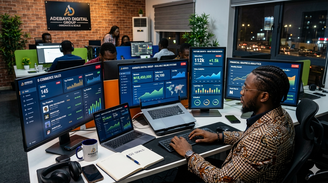 African entrepreneur building scalable digital business systems with financial analytics and online growth tools