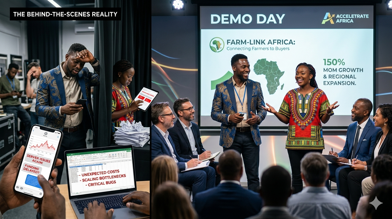 African startup founders pitching to investors during accelerator program demo day